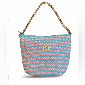 Eric Javits Woven Raffia Shoulder Bag – Teal & Pink Striped | Gold Chain Strap